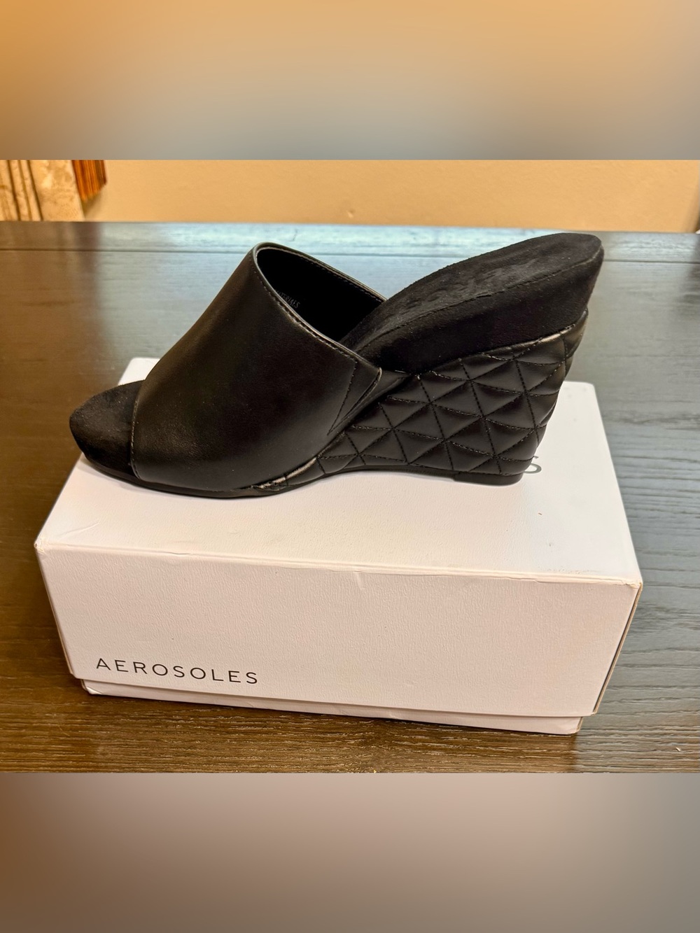 Aerosoles Pierce Black Quilted Wedge Mule Sandals Size 6.5 Wide